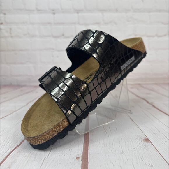 Birkenstock Arizona Gator Gleam Two Strap Black Sandals Mens Sz 8/Women’s Sz 10 - Picture 4 of 9